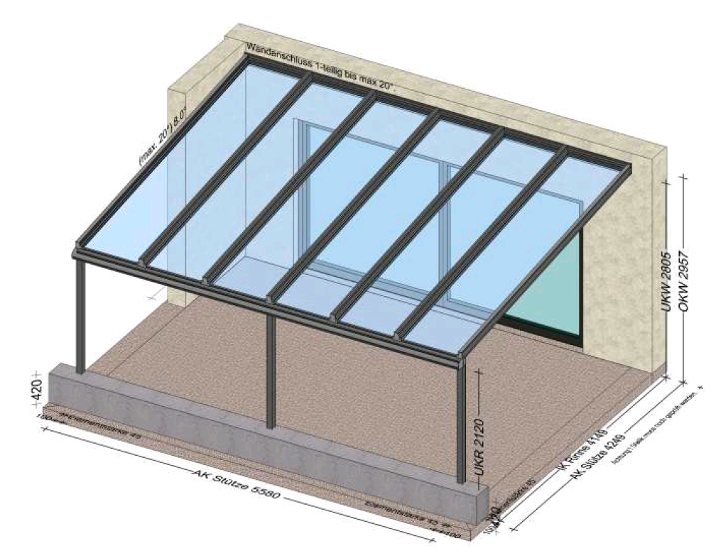 Glasüberdachung auf Terrasse 5,5 x 4,2 Meter